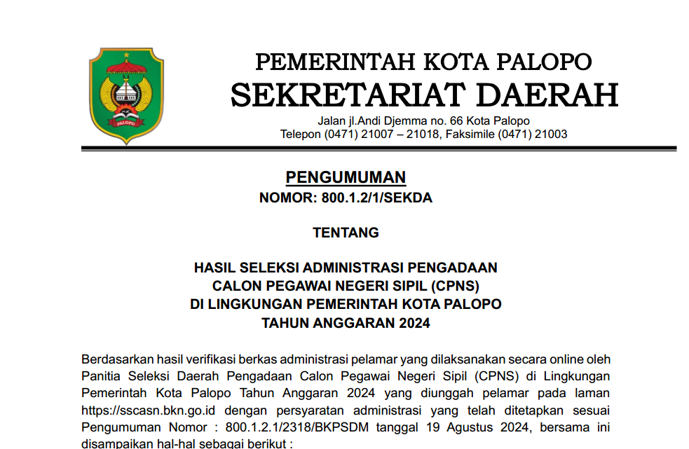 Pengumuman Hasil Seleksi Administrasi Pengadaan Calon Pegawai Negeri Sipil (CPNS)  Di Lingkungan Pemerintah Kota Palopo Tahun Anggaran 2024