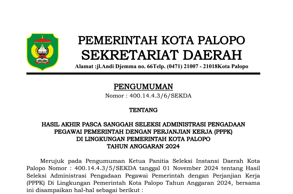 Hasil Akhir Pasca Sanggah Seleksi Administrasi Pengadaan Pegawai Pemerintah Dengan Perjanjian Kerja (PPPK) Di Lingkungan Pemerintah Kota Palopo Tahun Anggaran 2024