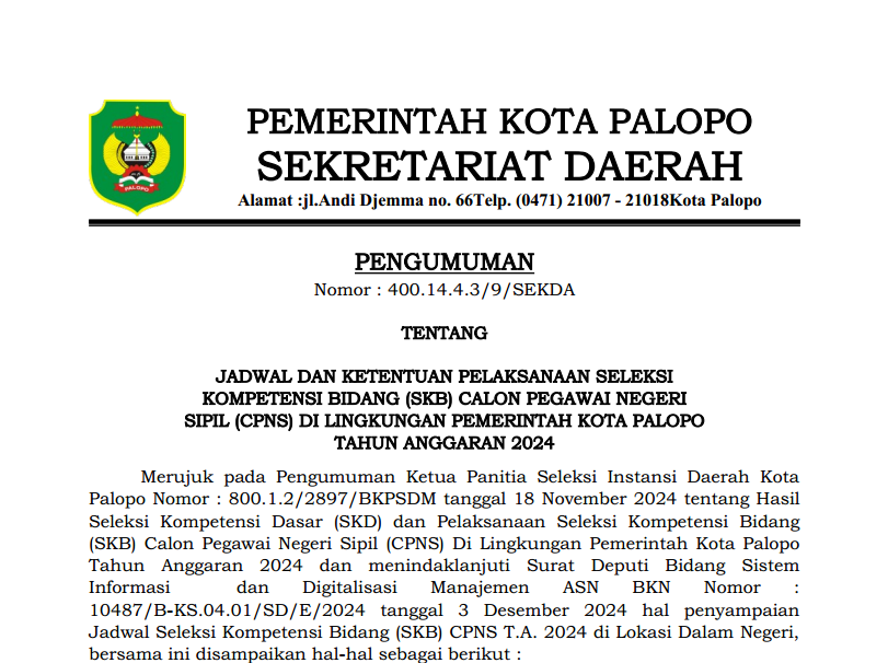 Pengumuman Jadwal Dan Ketentuan Pelaksanaan Seleksi Kompetensi Bidang (SKB) Calon Pegawai Negeri Sipil (CPNS) Di Lingkungan Pemerintah Kota Palopo Tahun Anggaran 2024