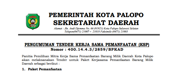 Pengumuman Tender Kerja Sama Pemanfaatan (KSP)