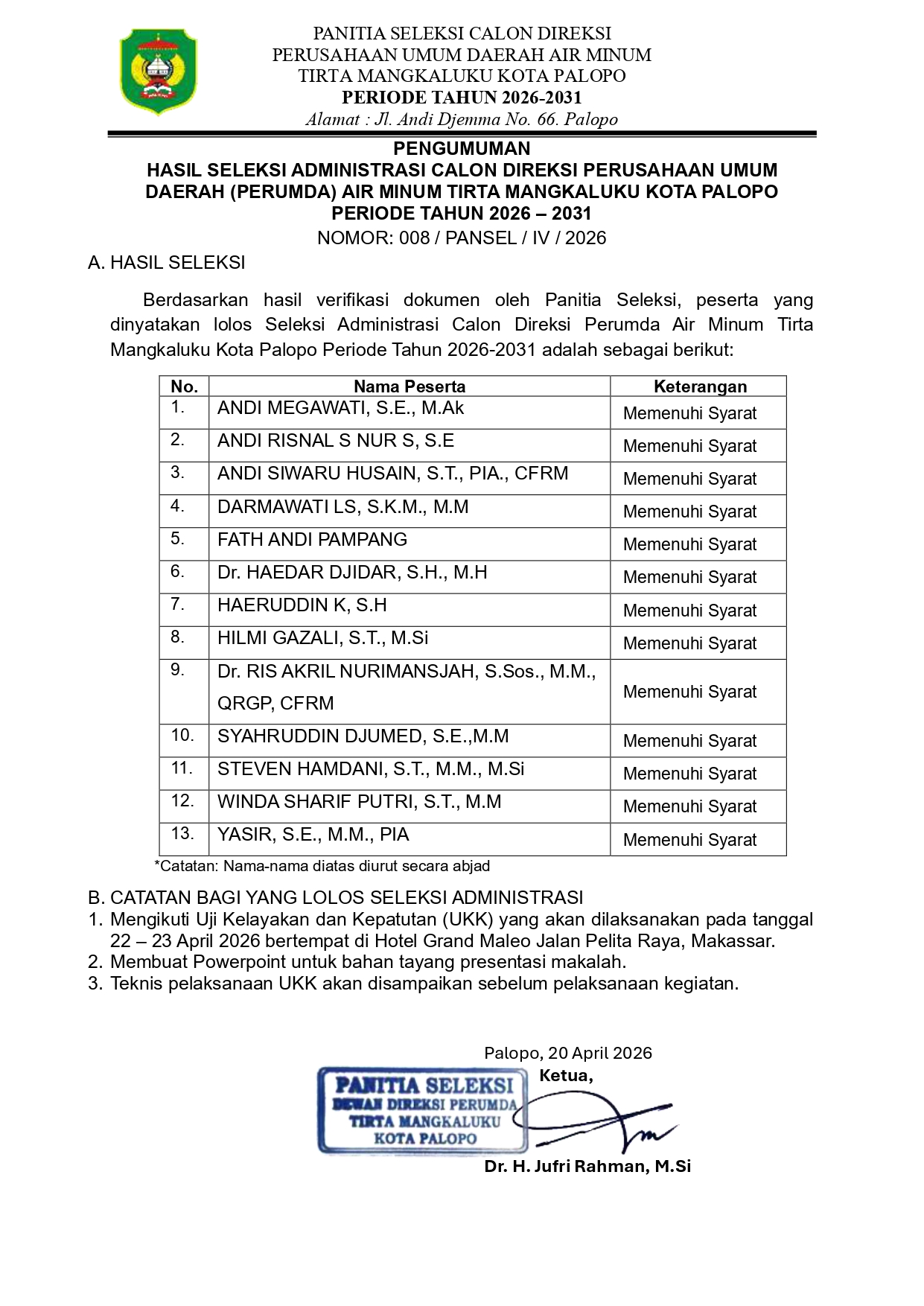 PENGUMUMAN HASIL SELEKSI ADMINISTRASI CALON DIREKSI PERUSAHAAN UMUM DAERAH (PERUMDA) AIR MINUM TIRTA MANGKALUKU PERIODE 2026 - 2031
