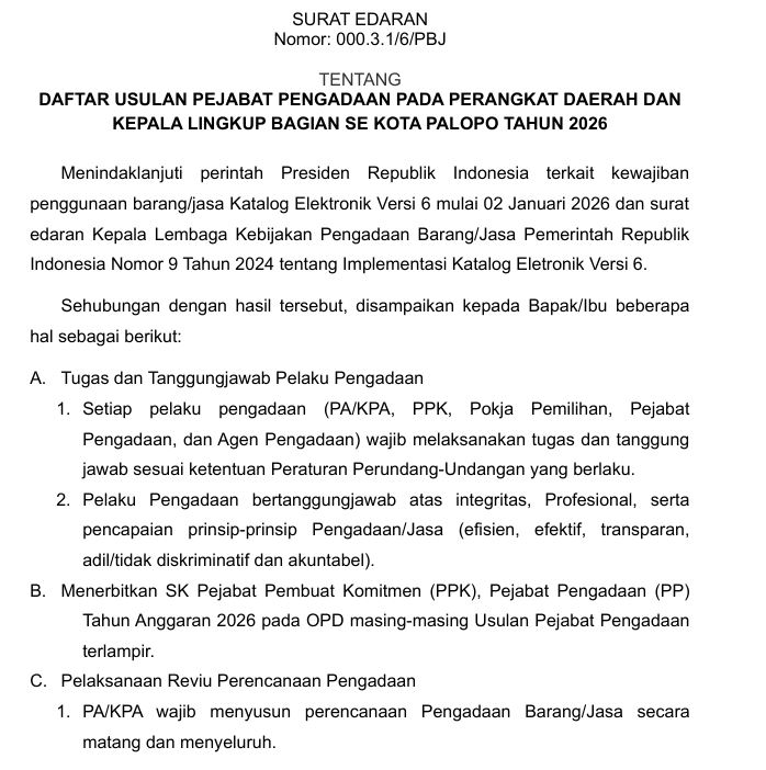 SURAT EDARAN TENTANG DAFTAR USULAN PEJABAT PENGADAAN PADA PERANGKAT DAERAH DAN KEPALA LINGKUP BAGIAN SE KOTA PALOPO TAHUN 2026