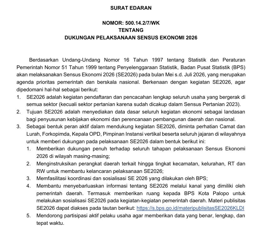SURAT EDARAN TENTANG DUKUNGAN PELAKSANAAN SENSUS EKONOMI 2026