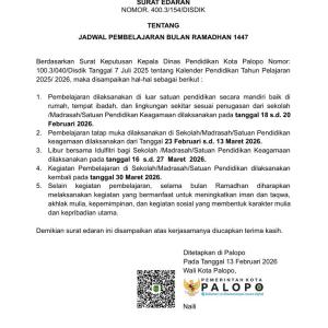 SURAT EDARAN TENTANG JADWAL PEMBELAJARAN BULAN RAMADHAN 1447