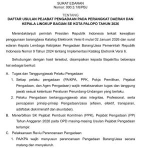 SURAT EDARAN TENTANG DAFTAR USULAN PEJABAT PENGADAAN PADA PERANGKAT DAERAH DAN KEPALA LINGKUP BAGIAN SE KOTA PALOPO TAHUN 2026
