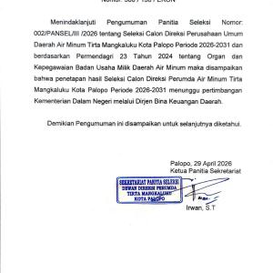 Pengumuman Penundaan Penetapan Hasil Seleksi Calon Direksi PERUMDA Air Minum Tirta Mangkaluku Kota Palopo Periode 2026-2031